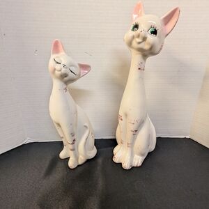 Vintage MCM Set Of 2 Cat Japan Figurines Pink & White Ceramic Set Bundle Lot 2